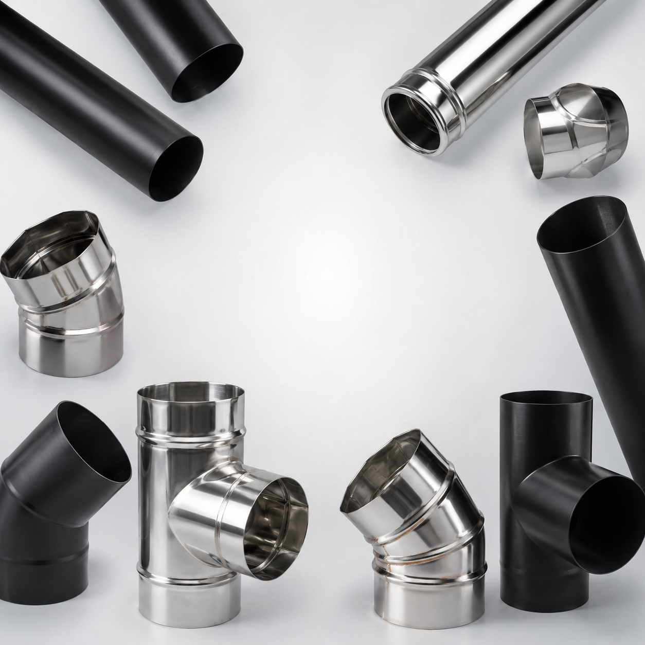 Flue pipes, elbows and connection elements made of stainless steel and steel for flue systems