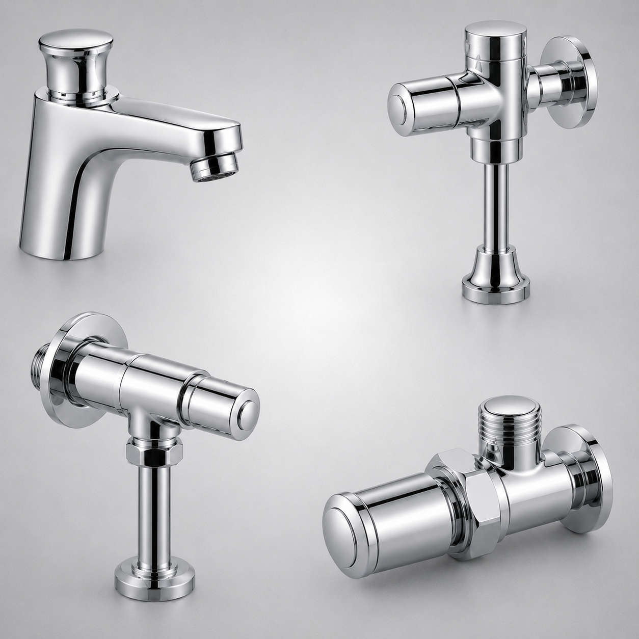 Self-closing chrome push taps and valves for washbasins, urinals and toilets