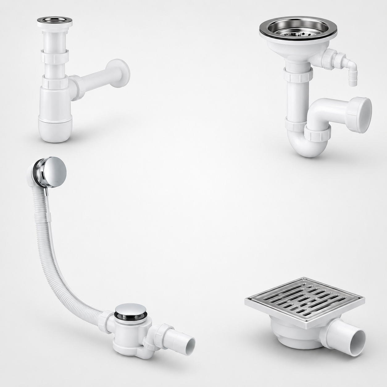 Traps and drains for washbasins, kitchen sinks, bathtubs and shower trays