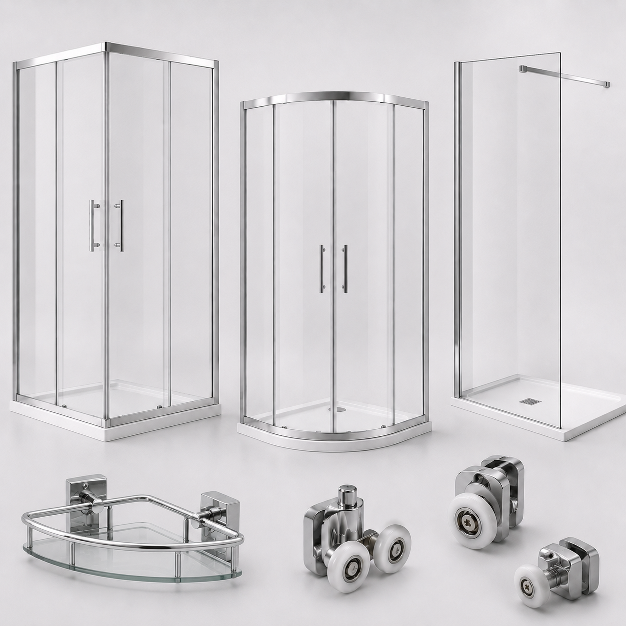 Tuš kabine, walk-in pršne stene, kotne in polkrožne kabine ter dodatna oprema za tuš kabine