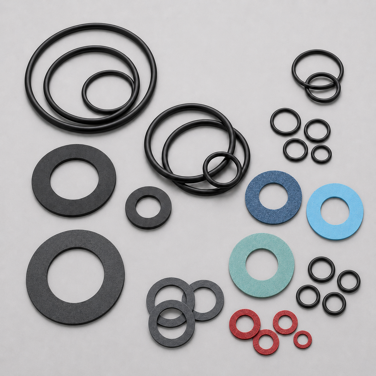 Various rubber seals, O-rings and sealing washers for sanitary taps, valves and plumbing installations.