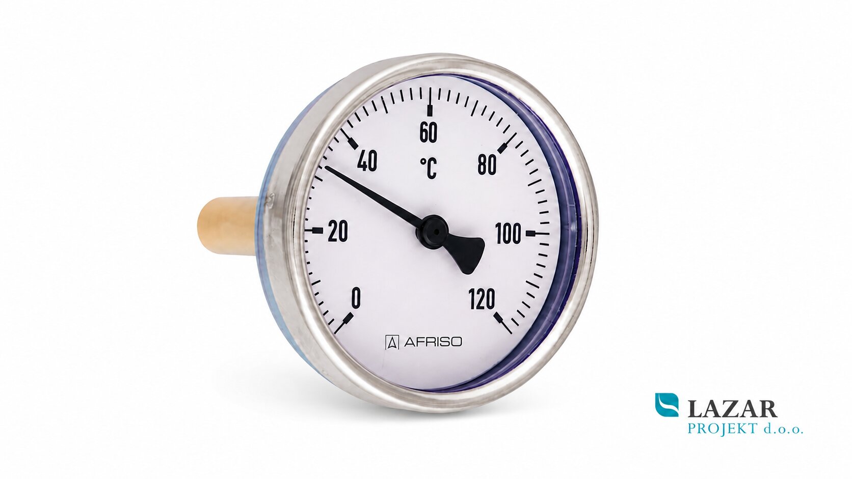 Afriso 63806 bimetal thermometer Ø 80 mm with axial 1/2" connection, measuring range 0–120 °C and 40 mm stem.