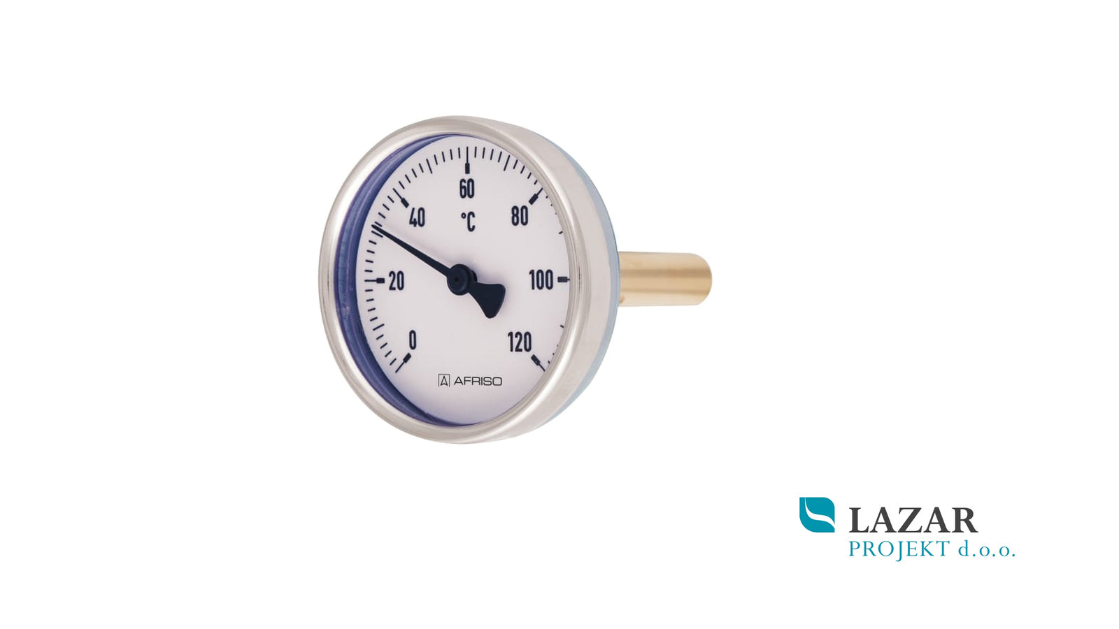 Afriso 63809 bimetal thermometer Ø 80 mm with axial G 1/2" connection, measuring range 0–120 °C and 150 mm stem.
