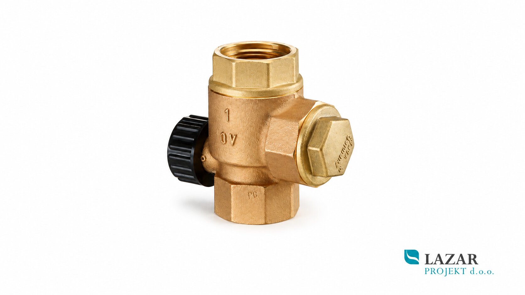 Oventrop SVU gravity check valve DN 25, 3 × G 1" or DN 32, 3 × G 5/4" female thread, made of bronze, with black shut-off knob.