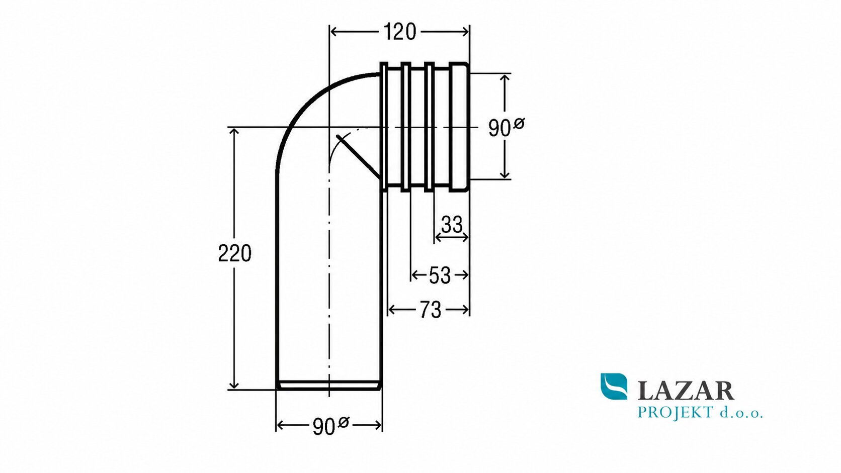 Technical drawing of Viega 3816.1 drain elbow Ø 90 with dimensions 120, 220 and diameter 90 mm