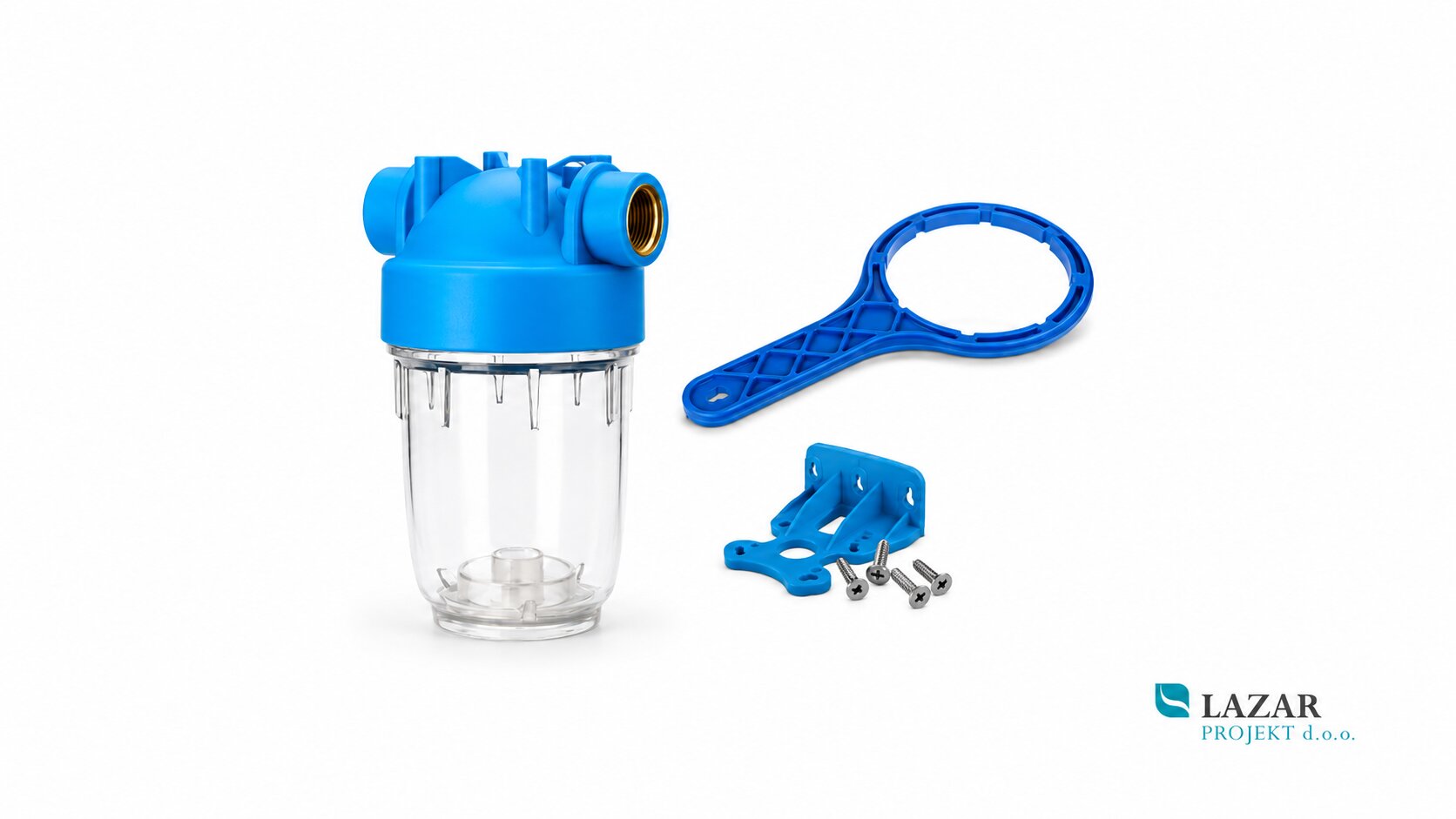 ATLAS DP5 MONO BW 5/4" water filter housing with blue head, transparent bowl, opening spanner and wall bracket.