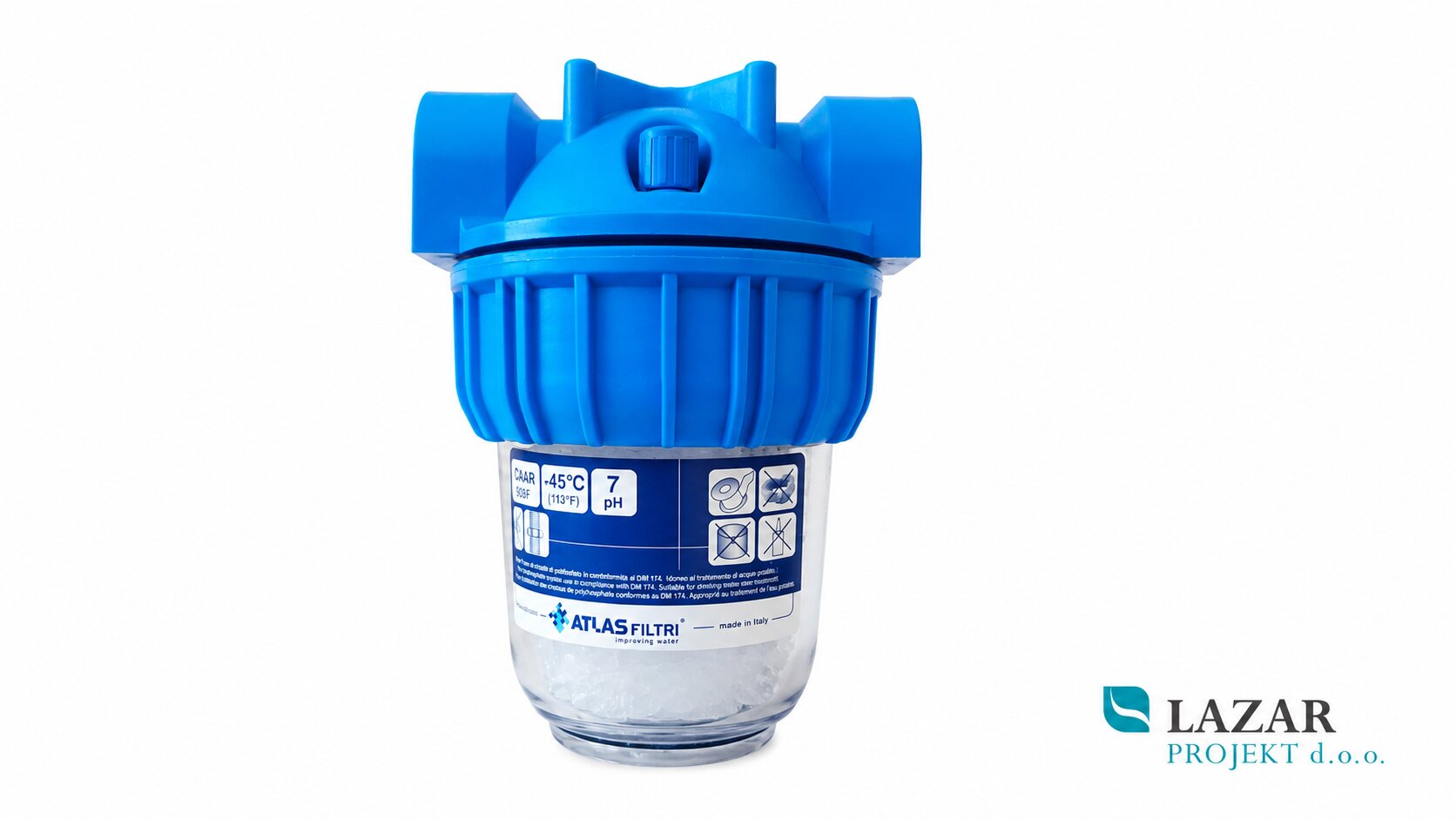 5" water softener with 1" connection, transparent RA107P411 housing and polyphosphate filling for limescale protection.