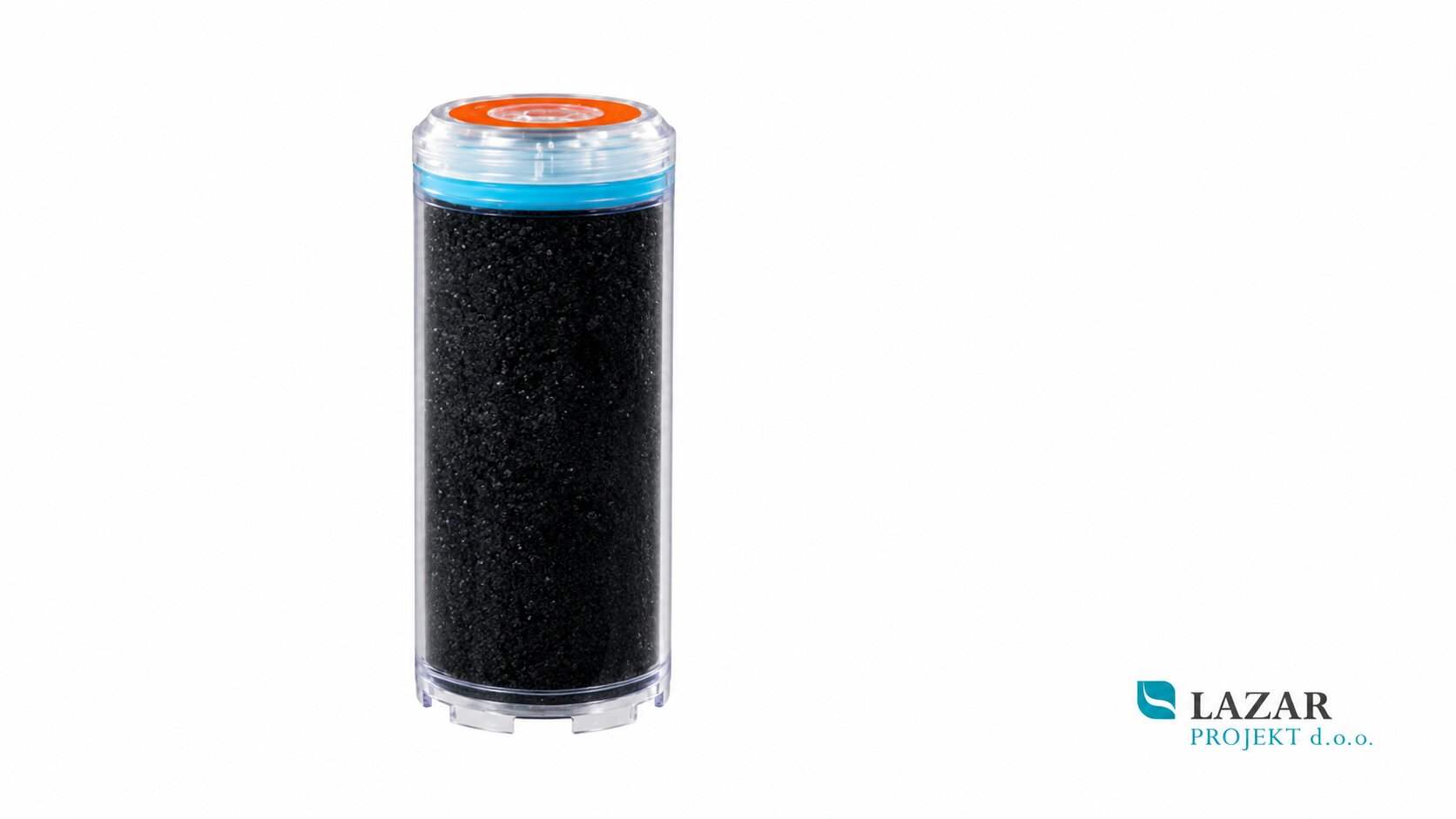 Atlas Medium LA 5 SX TS 5 activated-carbon filter cartridge for a water filter, cylindrical design with transparent housing, black filter medium and upper seal.
