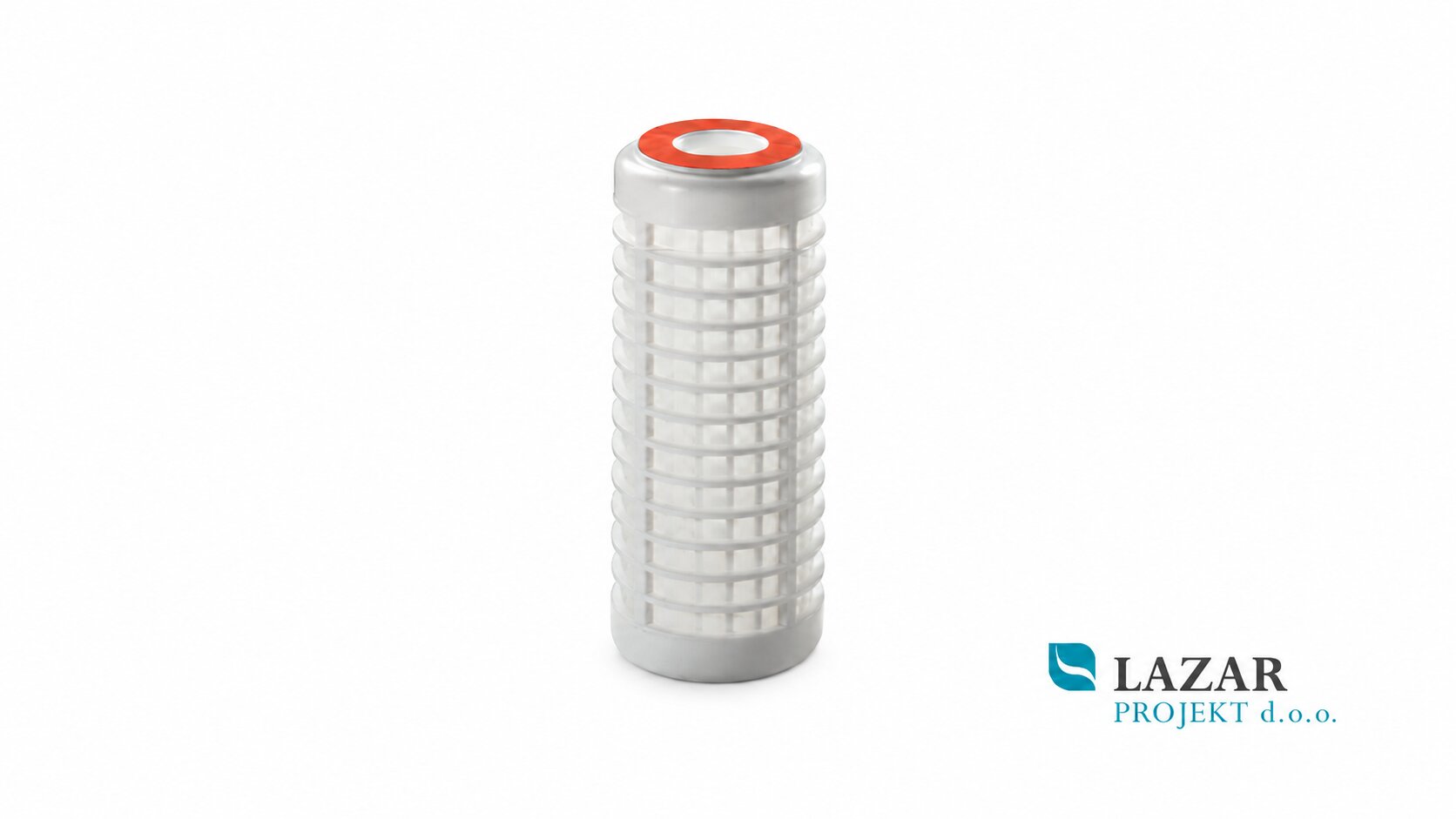 Atlas RA5012114 SX 5" 50-micron filter cartridge for a water filter, cylindrical design with plastic housing, mesh protection and upper seal.