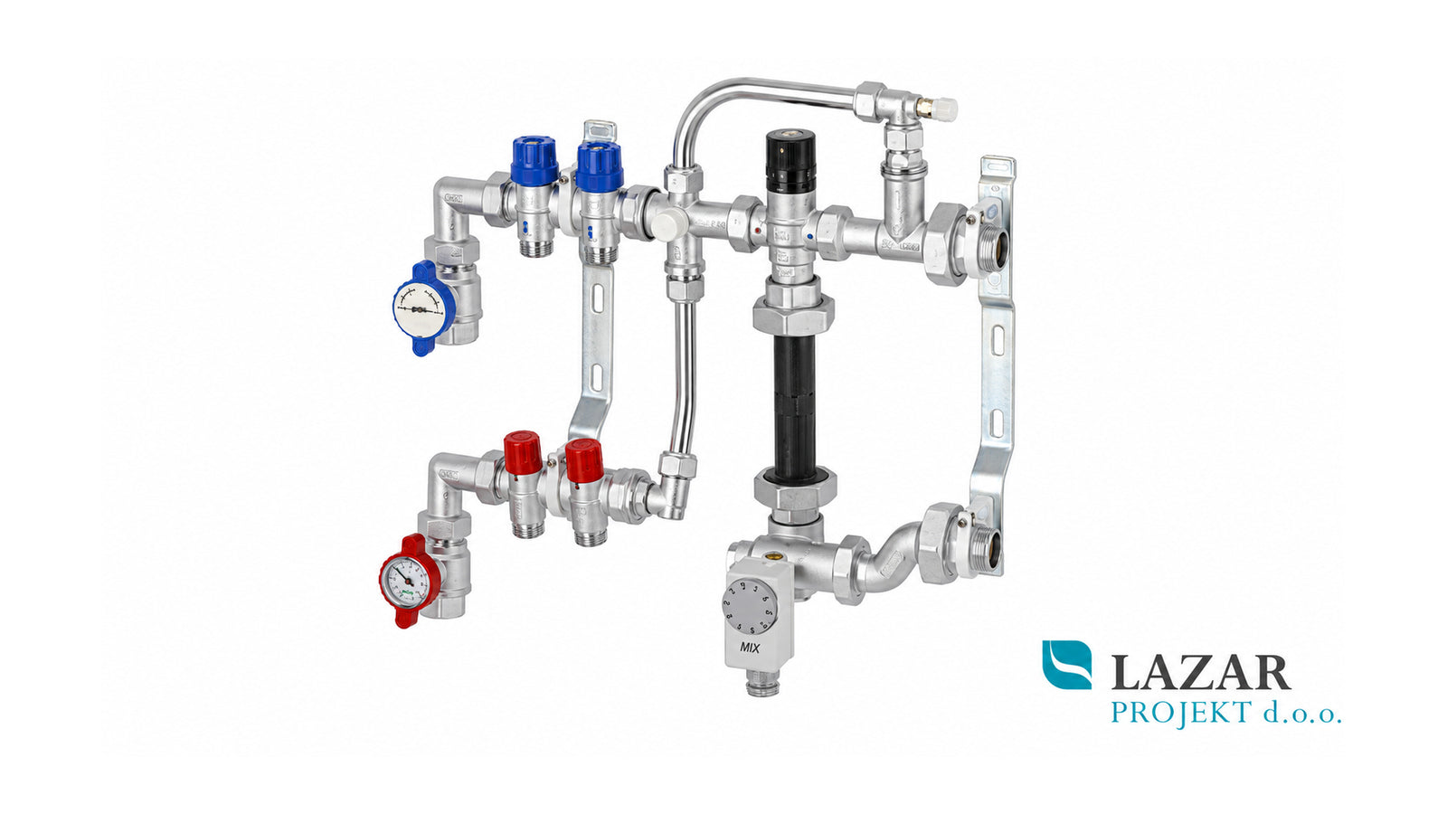 FAR 3489 mixing set for underfloor heating with manifold assembly, temperature control, flow meters and connection elements