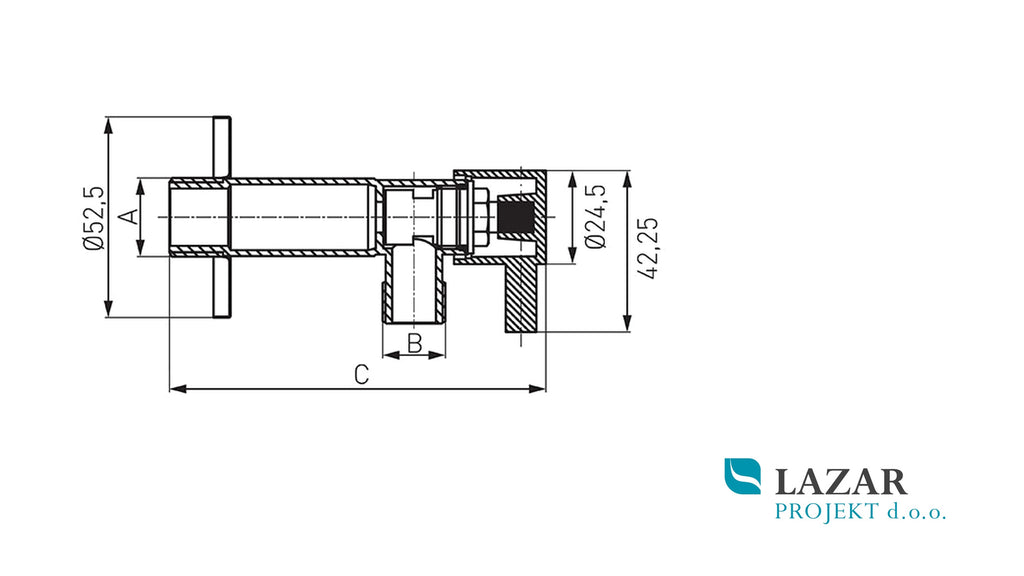 Dimenzijska skica kotnega ventila FERRO Z1234C G 1/2 × G 3/4, dolžine približno 98 mm