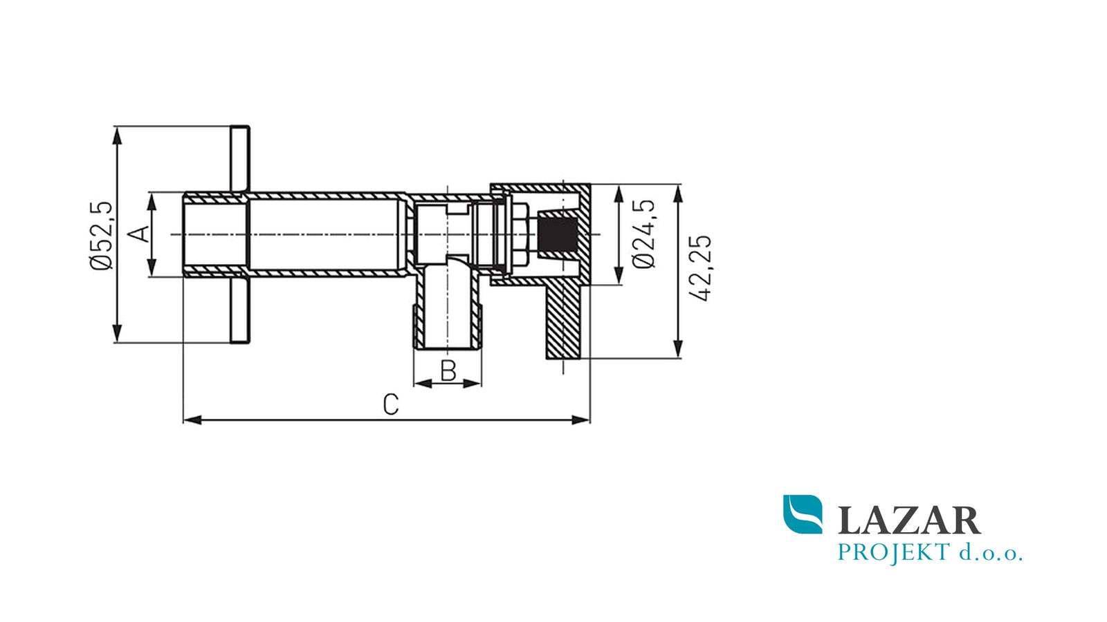 Dimenzijska skica kotnega ventila FERRO Z1234C G 1/2 × G 3/4, dolžine približno 98 mm