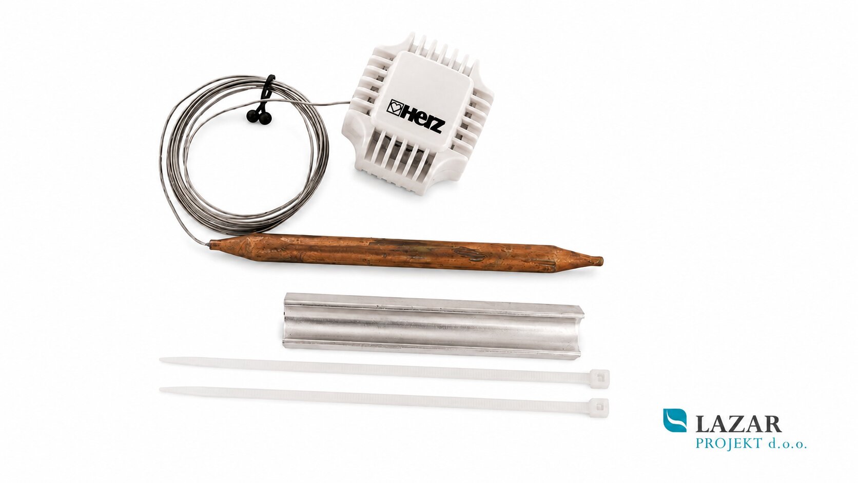 HERZ 742006 thermostatic sensor with capillary tube, copper sensor, protective profile and fastening ties for temperature regulation.