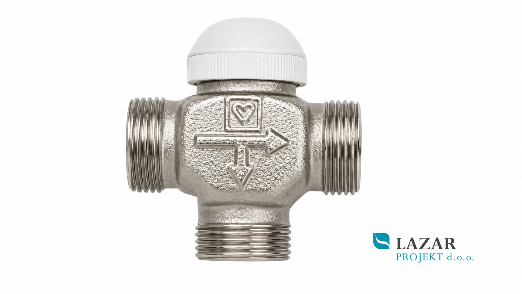 HERZ 7761 CALIS three-way valve with white protective cap and three male threaded connections for heating systems.
