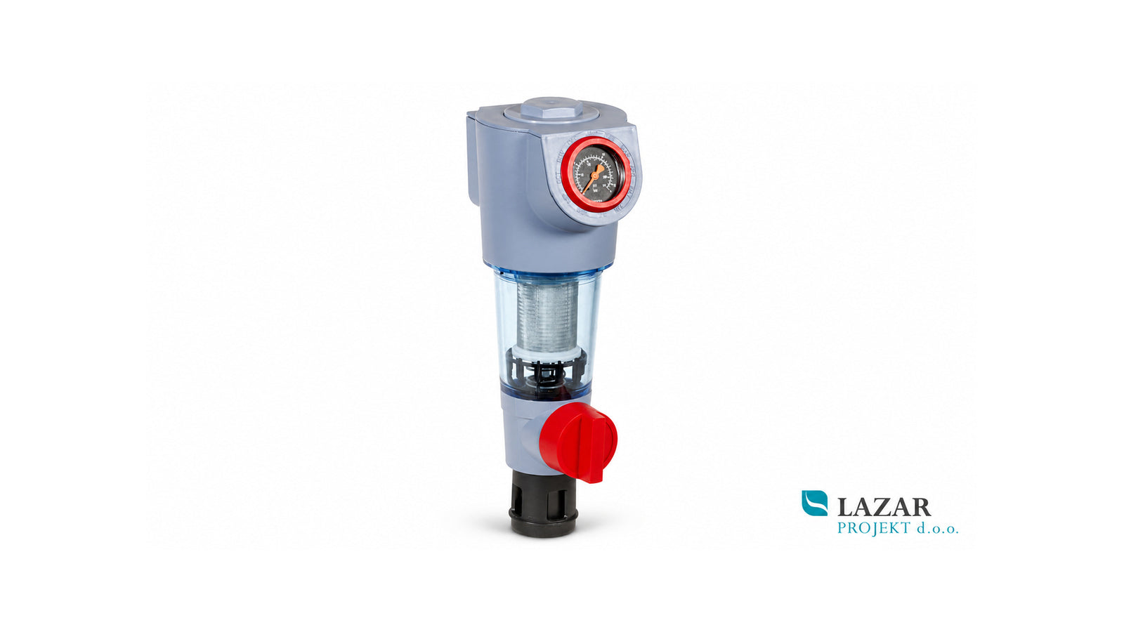 Honeywell F74CS-3/4AA water filter with pressure gauge, transparent housing and drain valve
