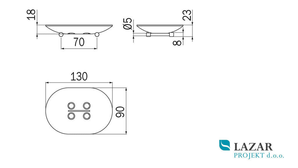 Dimenzije skodelice za milo Inda A04090CR: 130 × 90 × 23 mm