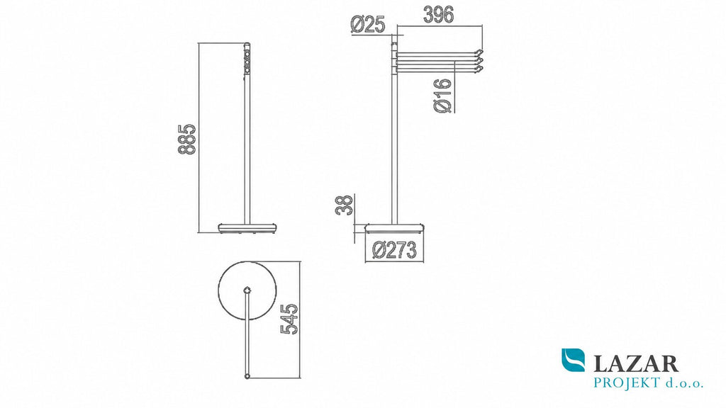 Dimensional drawing of INDA A05840CR freestanding towel stand with height, towel rail width and base diameter dimensions