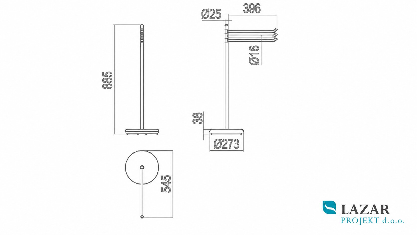 Dimensional drawing of INDA A05840CR freestanding towel stand with height, towel rail width and base diameter dimensions
