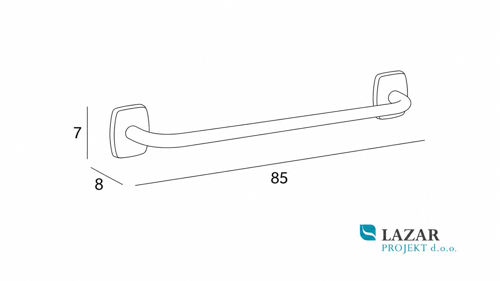 Dimensional drawing of the INDA A2290DCR chrome-plated wall-mounted towel rail, showing width, height and projection from the wall.