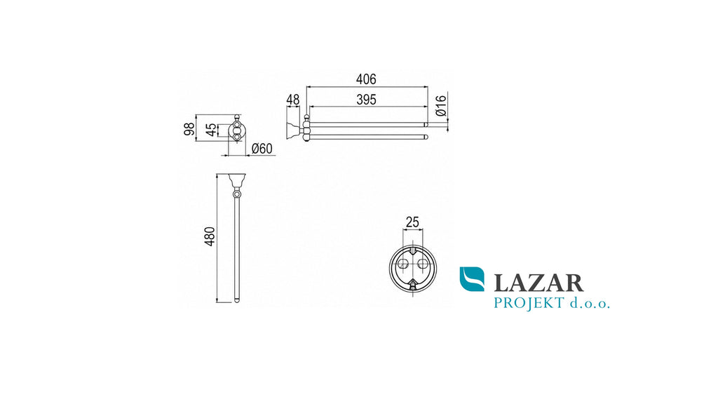 Dimensional drawing of the Inda Raffaella A32150 towel holder