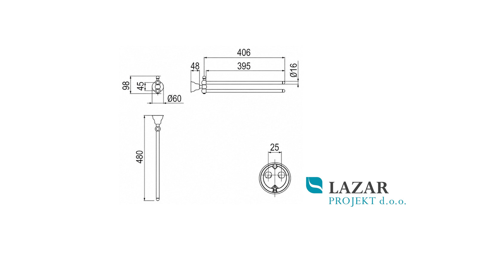 Dimensional drawing of the Inda Raffaella A32150 towel holder