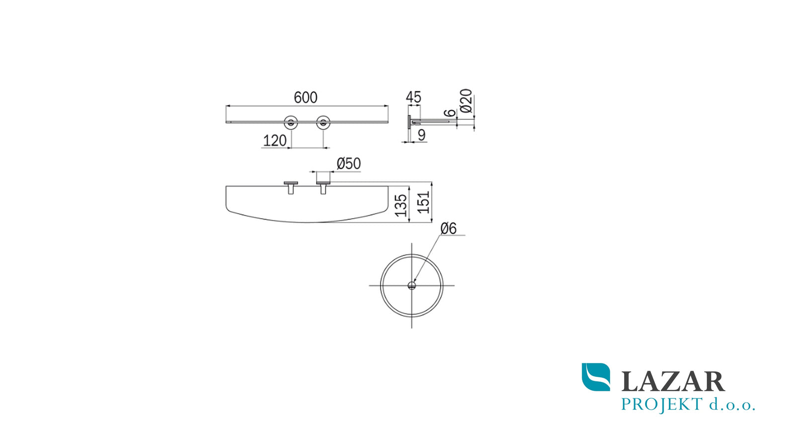 Dimensional drawing of the Inda A46080CR wall-mounted bathroom shelf