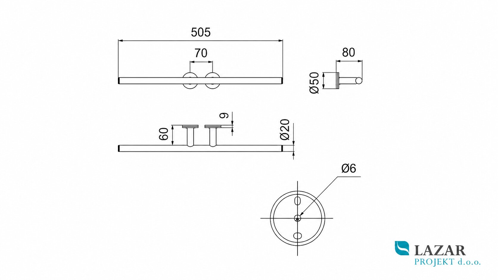 Dimensional drawing of INDA A4618BCR Touch double towel holder