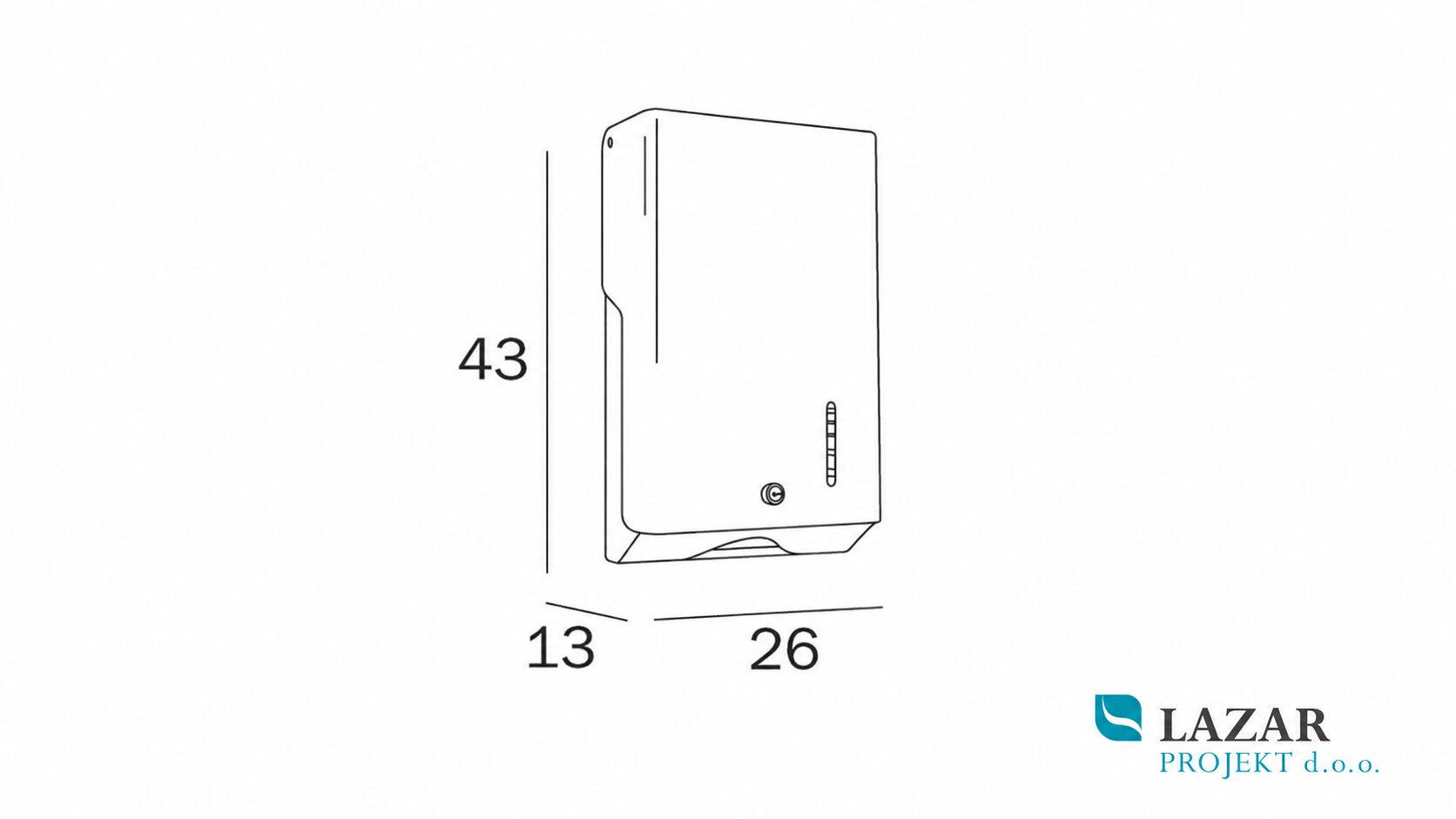 Dimensional drawing of the INDA AV4290AL paper towel dispenser, dimensions 43 × 26 × 13 cm