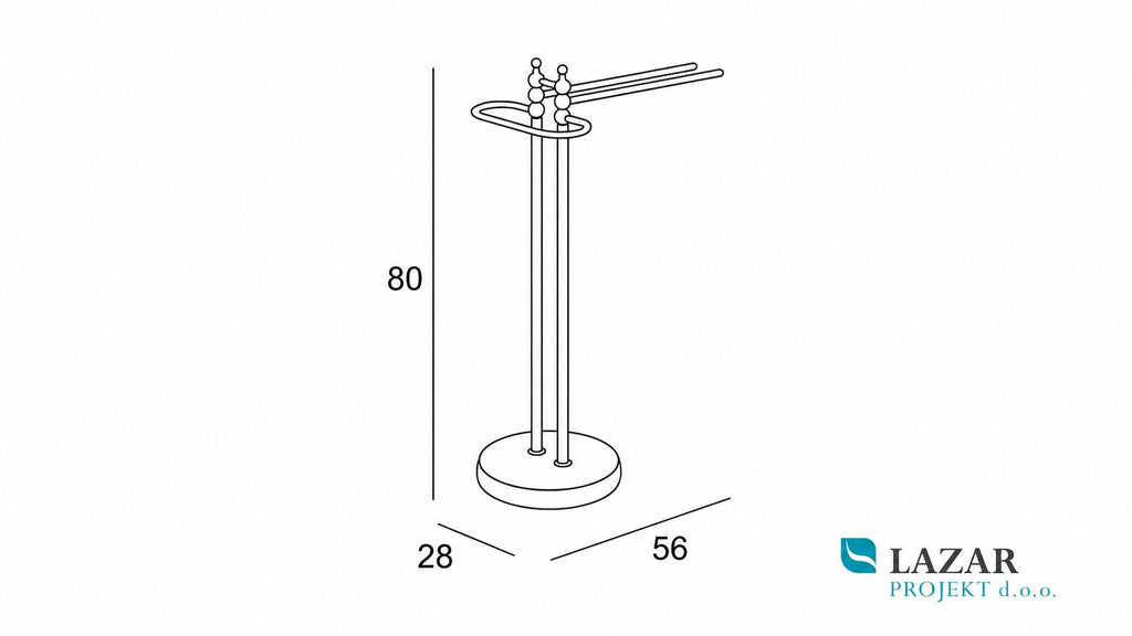 Dimensional drawing of INDA Raffaella A32850CR freestanding chrome towel stand with two towel rails and round base