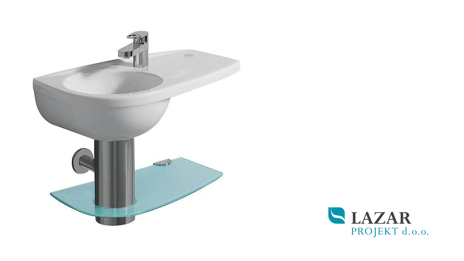 Keramag Joly 571020 desna steklena polica za umivalnik, dimenzije 500 × 285 mm, s kromiranimi pritrdilnimi elementi, brez maske sifona , umivalnika in armature.