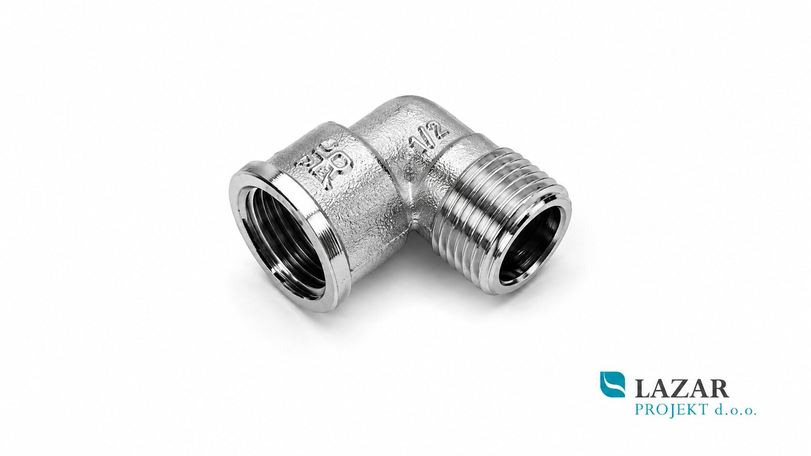 Chrome-plated 1/2" elbow with male and female threads for plumbing and sanitary installations