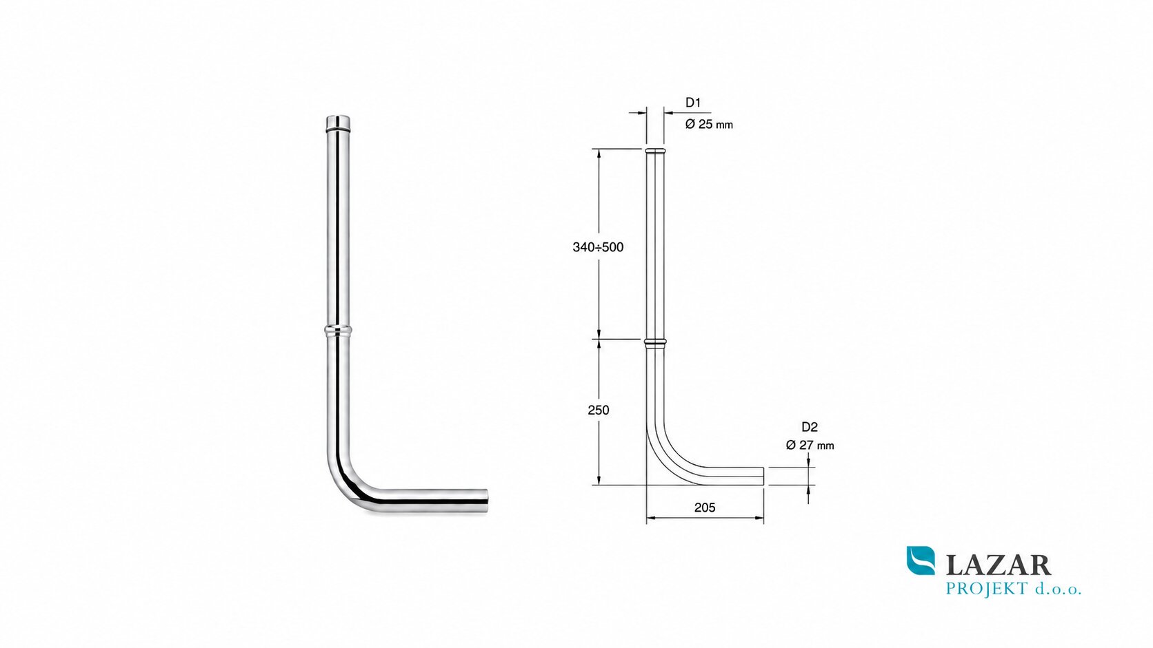La Torre 330 chrome-plated 3/4" supply pipe with dimensional drawing for self-closing tap art. 315