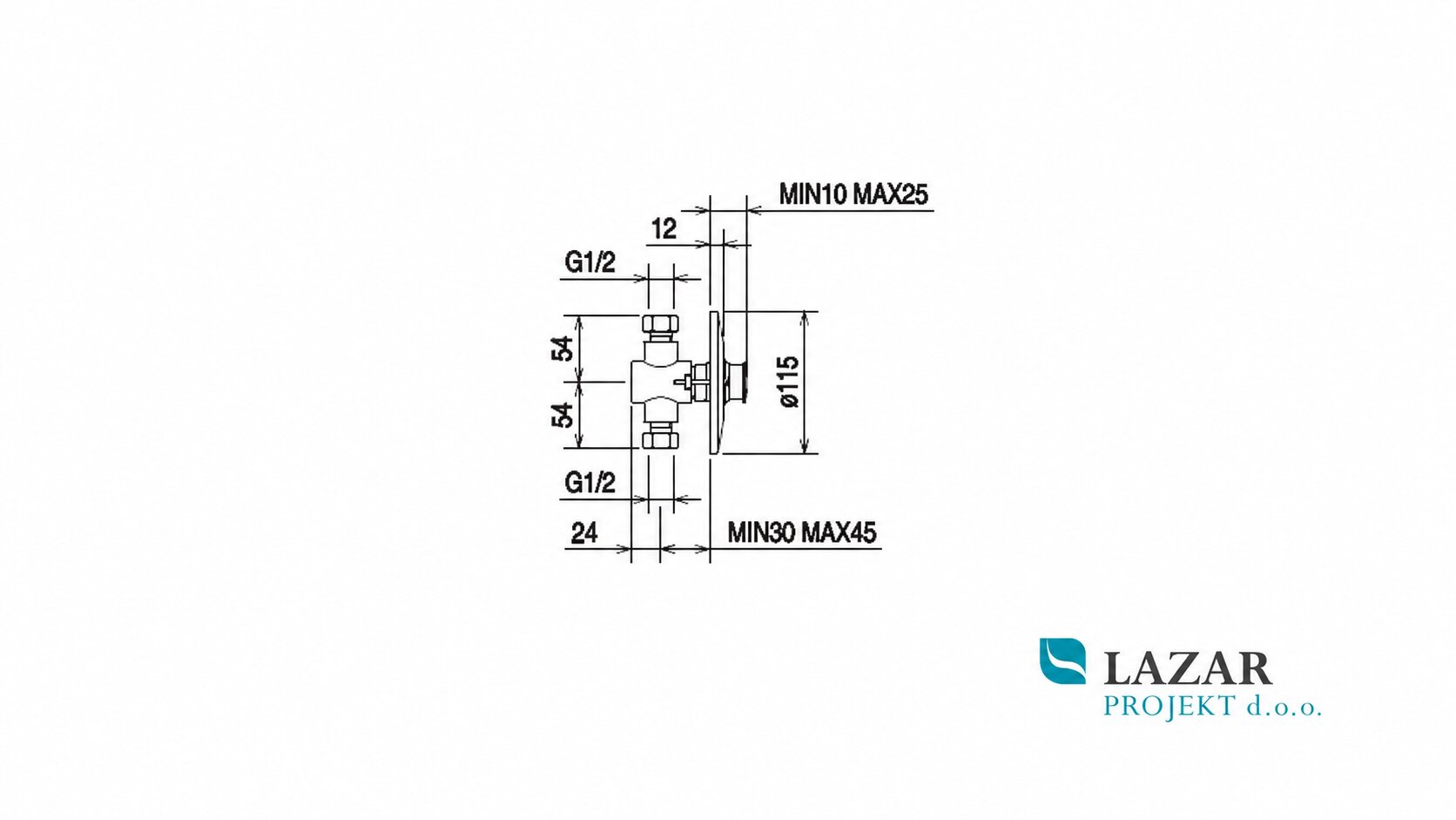 Dimensional drawing of La Torre 410/UR concealed self-closing urinal valve