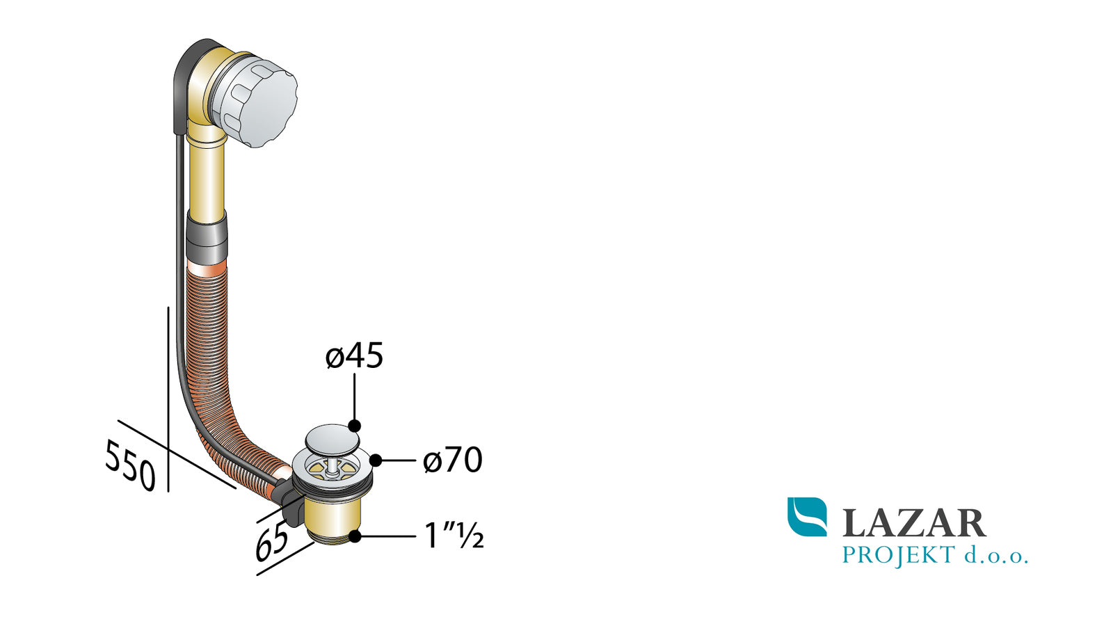 Dimenzijska skica odtočno-prelivne garniture OMP TEA 399.360.6 z merami 550 mm, Ø45 mm, Ø70 mm in priključkom 1 1/2 "