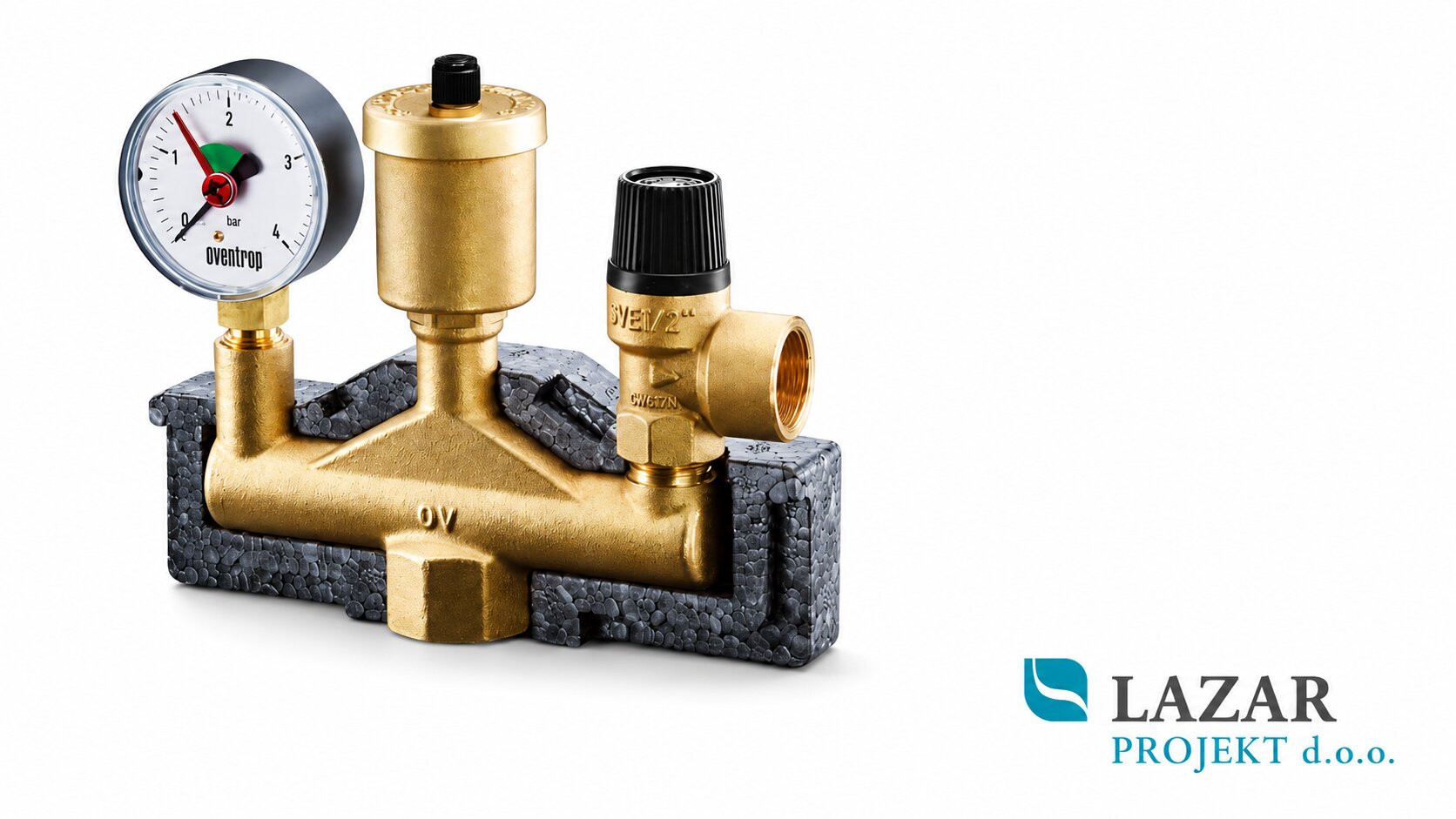 Oventrop 1351062 MSM-Block boiler safety assembly DN 25 with pressure gauge, automatic air vent, 3 bar safety valve and thermal insulation.