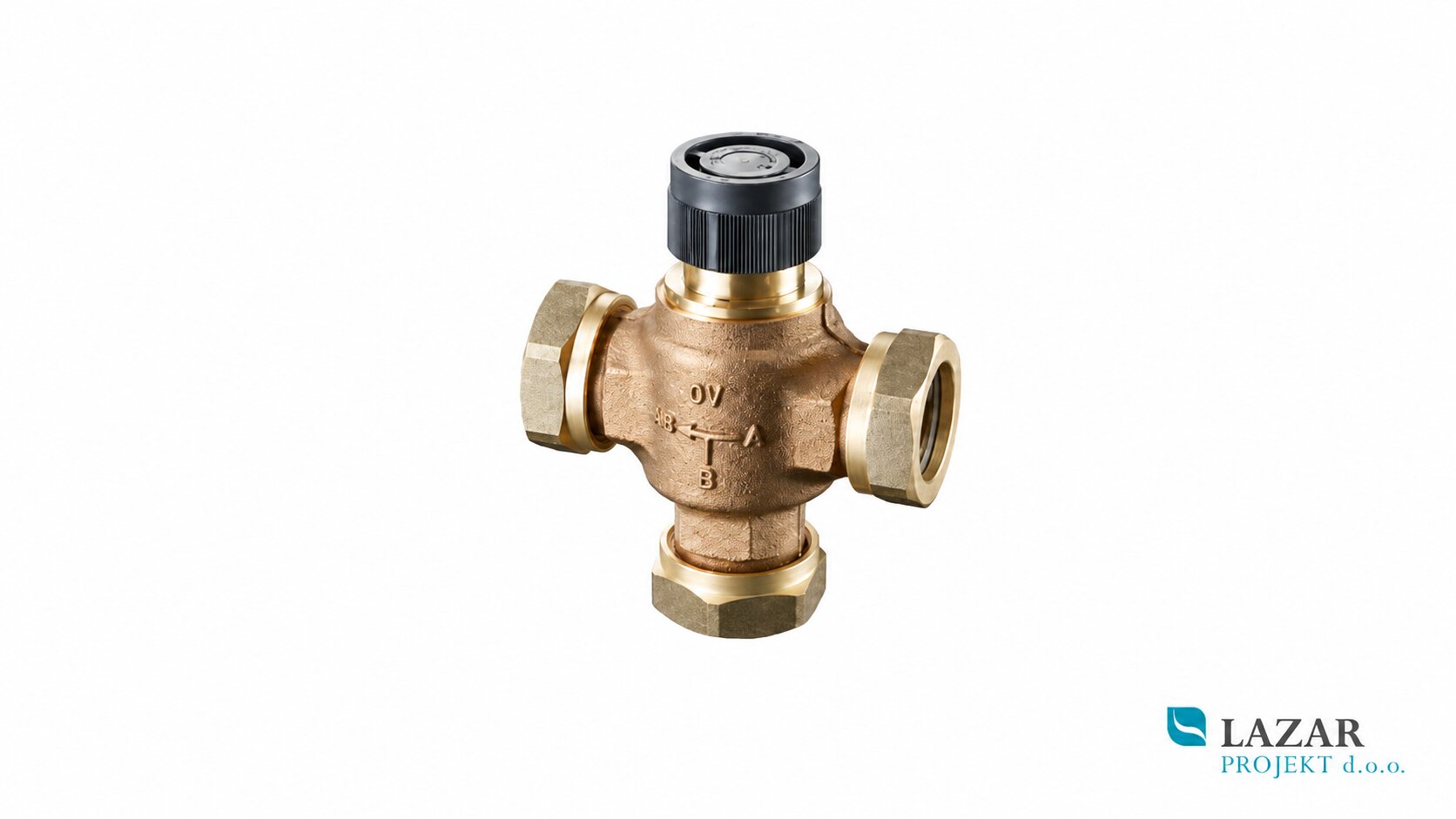 Oventrop Tri-M TR three-way mixing valve 1131706 made of bronze, DN 20, PN 16, with three connections and a black adjustment knob on top.