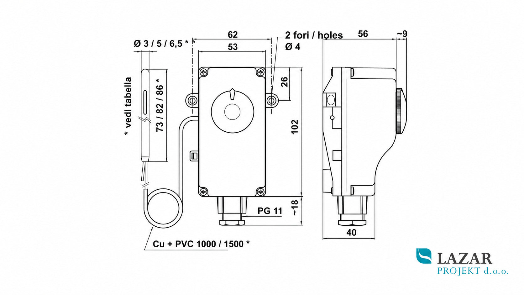 Dimensional drawing of the T&G 7K1.1R326.00A capillary thermostat showing housing, mounting-hole, capillary-tube and sensor dimensions