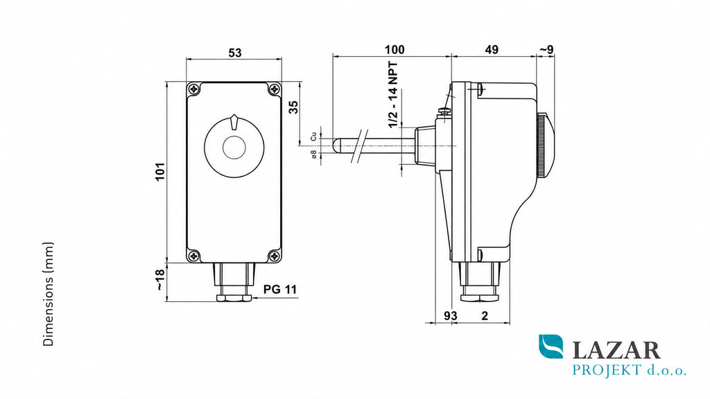 Dimensional drawing of the T&G 7P1.1R360.00A thermostat with immersion pocket, showing housing, connection and mounting dimensions