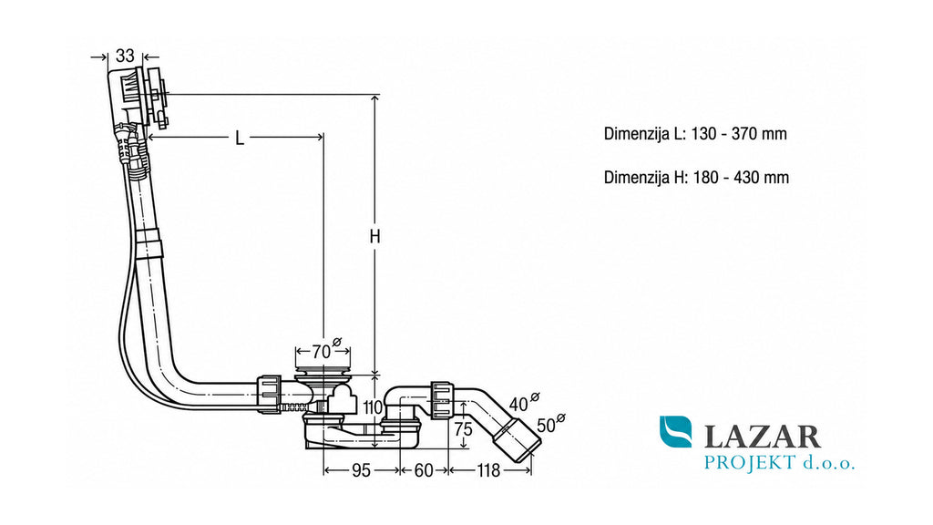 Viega 300029 / 6161.32 Multiplex Trio dimensional drawing of bathtub drain-overflow