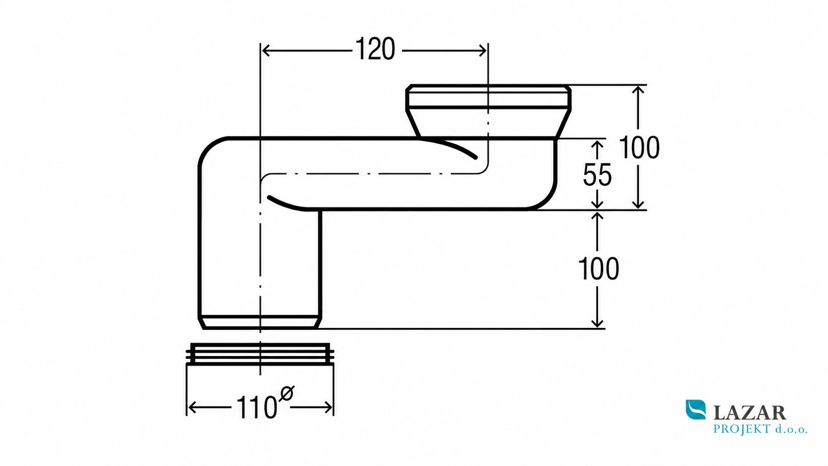 Viega WC connector 340780, dimensional drawing with measurements 120 mm, 100 mm, 55 mm and 110 mm connection