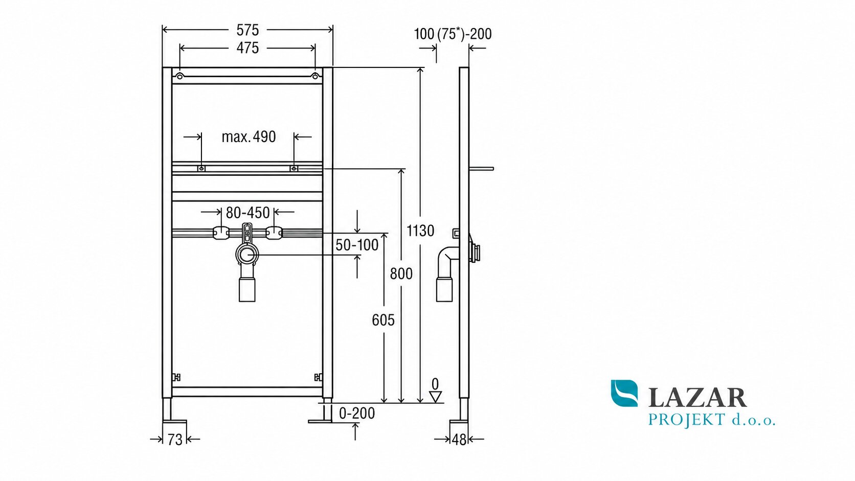 Dimensional drawing for Viega 367138 Eco Plus washbasin element 8163