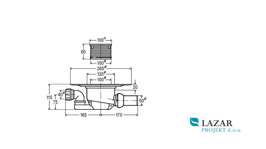 Viega 556921 Advantix bathroom drain 4921.6 DN 50 with horizontal outlet - dimensional drawing